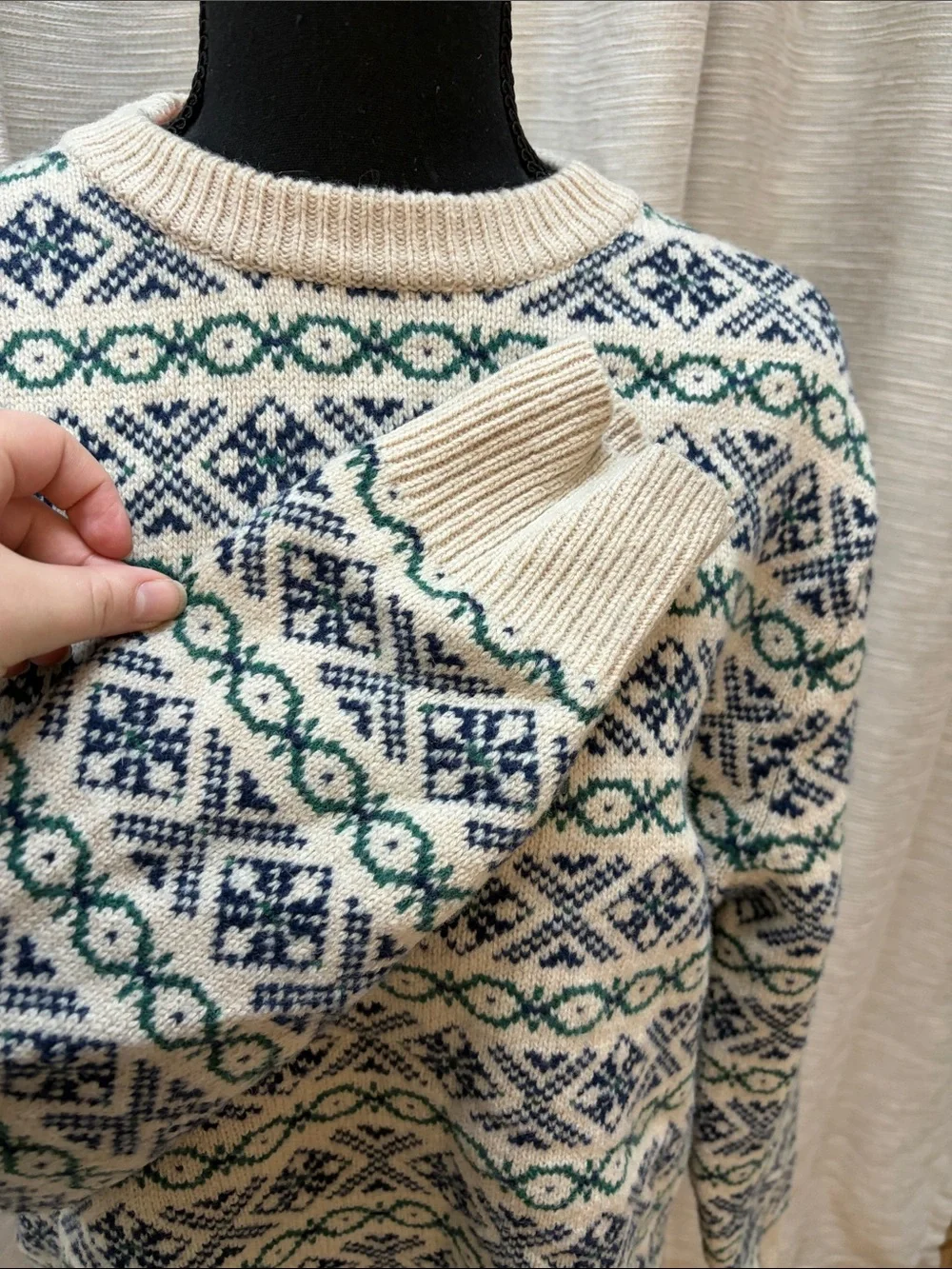J. Crew Cream Fair Isle Crewneck Sweater with Blue & Green Pattern